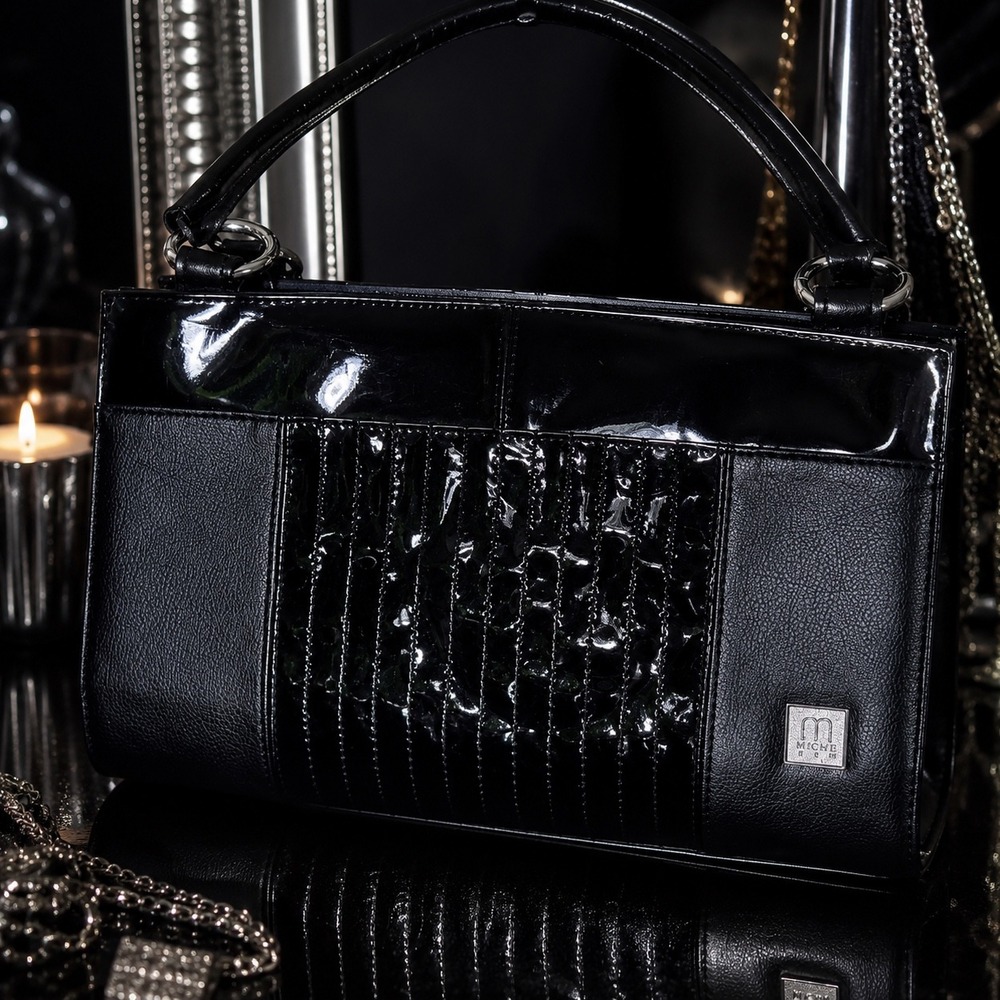 Miche Ebony Patent Croc Structured Shoulder Bag Faux Leather Satchel Handbag